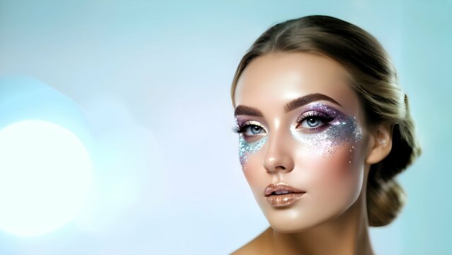 woman with bright makeup looking at camera backdrop copy space mockup