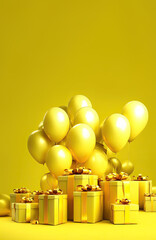 yellow card with balloons and many boxes with ribbons. yellow gift boxes stand against the background of yellow balloons filled with helium