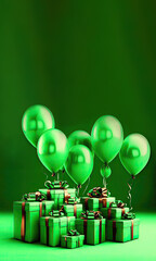 green card with balloons and many boxes with ribbons. green gift boxes stand against the background of green balloons filled with helium