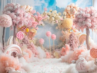 Whimsical Candy Garden with Pastel Blooms Lollipop Trees and Marshmallow Flowers under a Candy Floss Sky