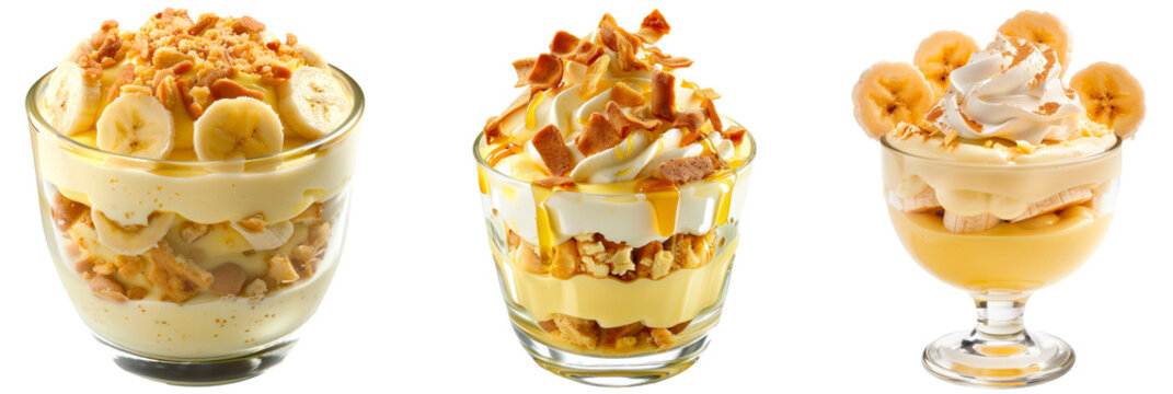 Set of banana pudding in a glass glass, isolated on transparent background