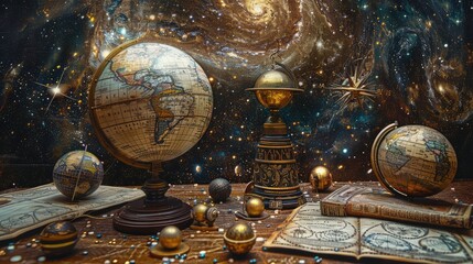 banner background National Cherish An Antique Day theme, and wide copy space, Surreal depiction of antique globes and maps merging with celestial elements - obrazy, fototapety, plakaty