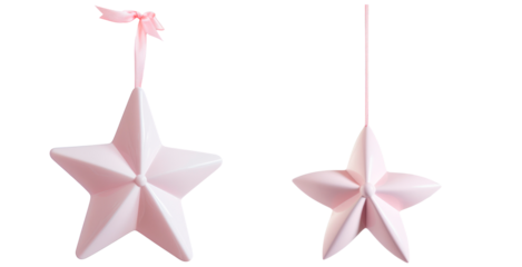 Set of simple pink flat ceramic star ornament hanging on ribbon, Christmas decor, isolated on transparent background
