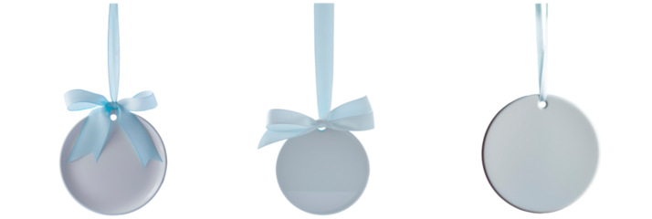 Set of simple white flat ceramic round ornament hanging on blue ribbon, Christmas decor, isolated on transparent background