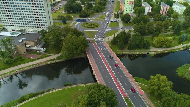 Avenue Jana Pawla River Gwda Pila Aleja Rondo Aerial View Poland