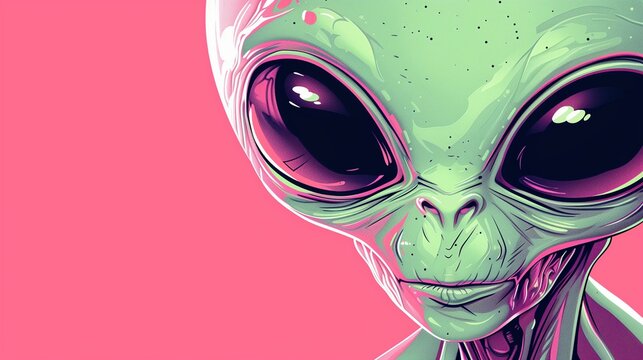 Portrait illustration of a green alien on a pink background with copy space.