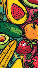 Assorted vegetables including carrots, bell peppers, tomatoes, eggplants, and cauliflower with a grunge yellow background. Vintage comic book style vector illustration. Healthy food and vegetarian 