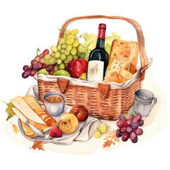 Watercolor picnic basket filled with autumn themed things and food and wine, isolated on transparent background