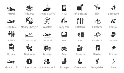Set of icon airport public navigation. Transport transfer arrival and more. Flat sign template. - 783206875