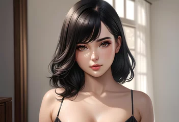 Fotobehang Una encantadora ilustración generada por AI, de una joven con cabello negro y piel muy clara © patypixie