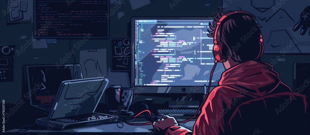 Aufkleber individual seated at a workstation with a desktop computer and a monitor