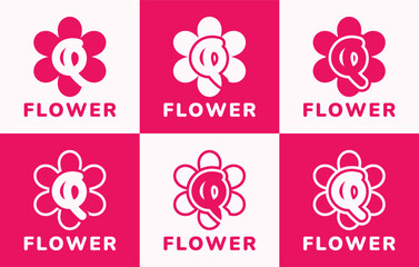 Set of letter Q pink flower logo. This logo combines letters and pink flower shapes. Suitable for flower shops, flower farms, flower accessories shops and the like.