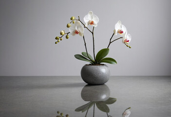 A gray stone with two phalaenopsis orchids behind it and a phalaenopsis orchid on the ground, placed in the center of a reflective surface against a clean and minimalist background.  - obrazy, fototapety, plakaty