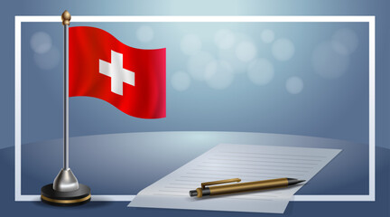 Small national flag of the Switzerland on bokeh background, vector Illustration