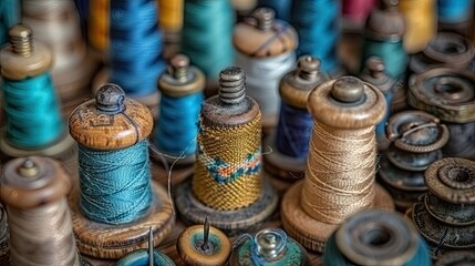 banner background National Cherish An Antique Day theme, and wide copy space, Abstract composition of antique sewing tools like thimbles and needles arranged in a dynamic  - obrazy, fototapety, plakaty