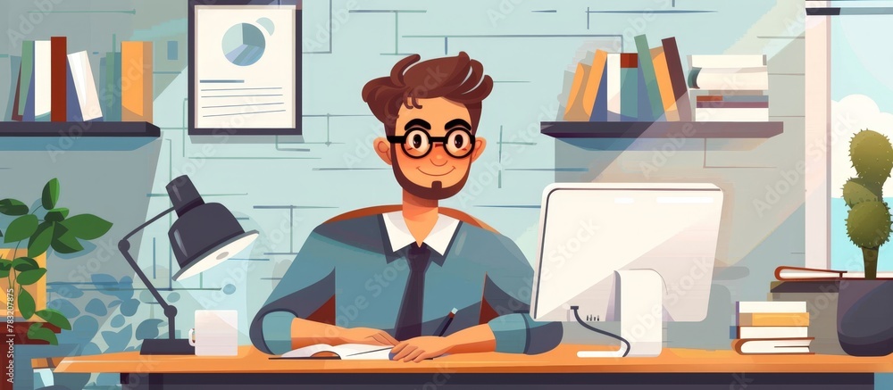 Poster a man is depicted sitting at a desk, with a computer and a book in front of him.