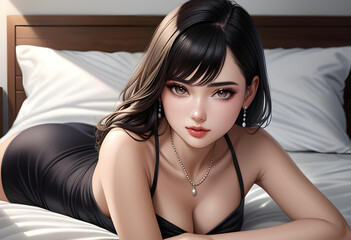 Naklejka premium Una chica de hermoso pelo negro, recostada sobre la cama en actitud atractiva