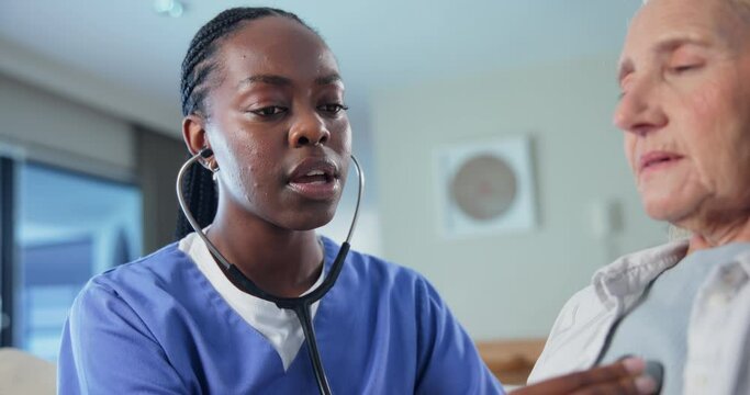 Old man, nurse and stethoscope for breathing consultation or chest assessment or diagnosis, retirement or lung disease. Elderly person, caregiver and couch or listening heartbeat, advice or asthma