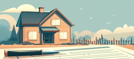 House illustration with a paper and pen on the ground, evoking a creative setting