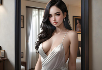 Una encantadora mujer de cabello negro y muy largo, luciendo un diminuto vestido blanco