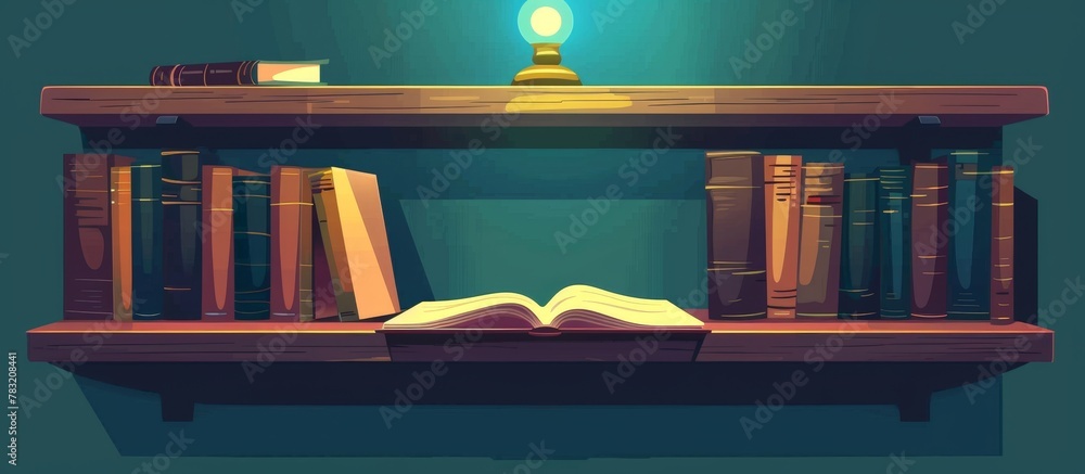 Poster books neatly arranged on a shelf with a small lamp placed beside them
