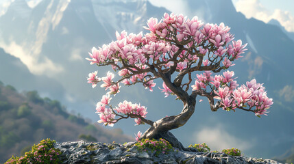 A stunning magnolia bonsai, adorned with pink blooms, perched atop a mountain,