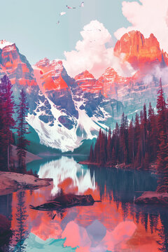 lake and mountains panorama sunset sky - by generative ai