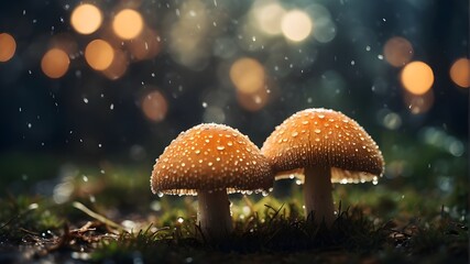 a close-up of two mushrooms covered in water droplets with a hazy boke of lights in the distance. - obrazy, fototapety, plakaty