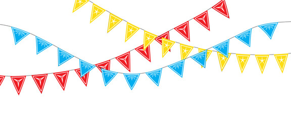 Obraz premium Triangular flag in a colorful celebration. colorful party 2D triangle flag on transparent background. Illustration material: colorful triangle flag · Decorative colorful pennants for birthday party.