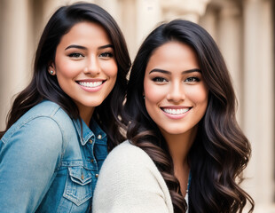 Two young women smiling at the camera. - obrazy, fototapety, plakaty