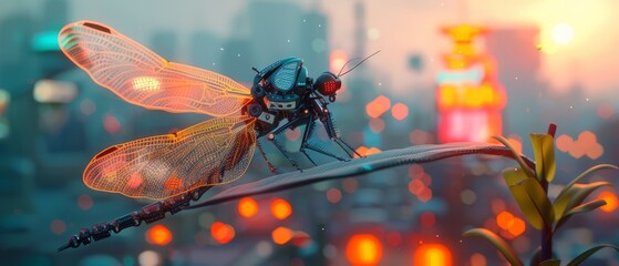 Illustrate a surreal scene of a mechanical dragonfly perched on a delicate butterflys wing - obrazy, fototapety, plakaty