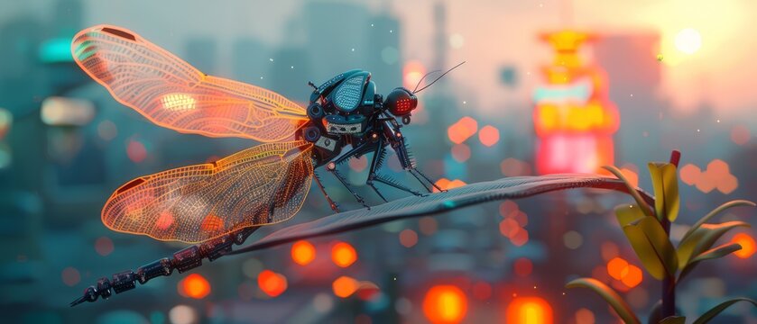 Illustrate a surreal scene of a mechanical dragonfly perched on a delicate butterflys wing