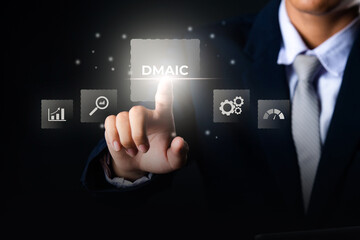 Businessman touching DMAIC continuous improvement tools on virtual screen for process quality.