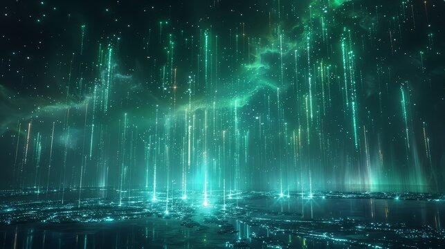 Minimalist 3D-rendered digital auroras, light shows of the cyber northern lights