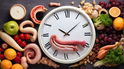 intestines used for digestion Dietary fasting and timing of nutrition Crohn's disease Fruit vegan clock and food for inflammatory bowel disease Duplicate the image of space Location for text or design