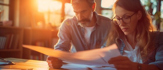 Elderly couple reviewing pension plan, warm light, secure future, document close-up
