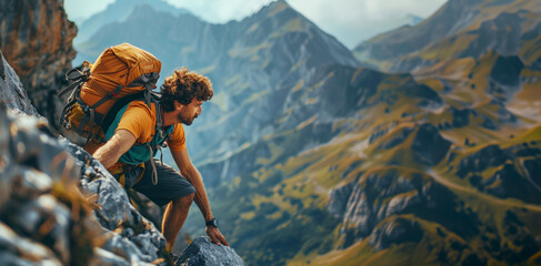 Hiker assisting teammate on mountainous terrain
