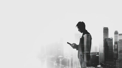 Double exposure of businessman in office,office building background