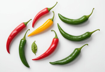 Fresh chilli on isolated white background on isolated white background, juicy and fresh, top view, Flat lay, no shadows