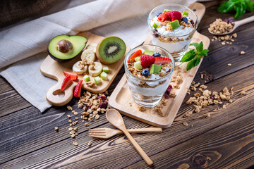 Greek Yogurt homemade with berries, avocado, banana and granola. It's healthy menu and low calories...