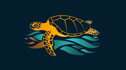 Sea turtle. Abstract, artistic drawing of a sea turtle on a dark background. World Turtle Day. Underwater marine life, coral reef, Logo illustration ethnic colorful style