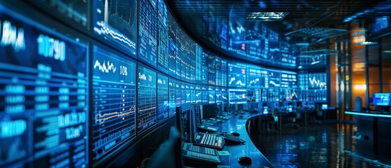 Computer screens showing international stock market data, high detail, blue tone, direct view - obrazy, fototapety, plakaty