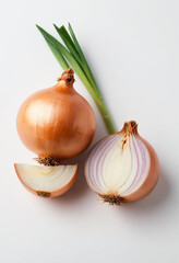 Fresh onion on isolated white background , juicy and fresh, top view, Flat lay, no shadows