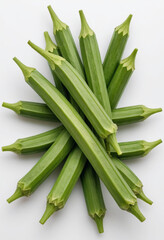 Obraz premium Fresh okra on isolated white background , juicy and fresh, top view, Flat lay, no shadows