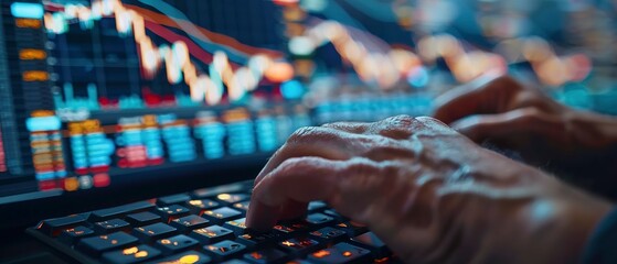 Close-up of hands typing on a commodity trading platform, sharp screen details, active session - obrazy, fototapety, plakaty