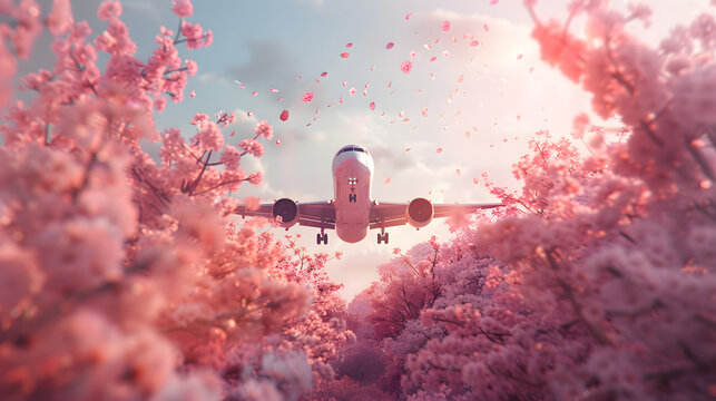 A passenger plane is flying above a pink cherry blossom filled with falling petals, all set against a pink and purple sky.