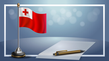 Small national flag of the Tonga on bokeh background, vector Illustration