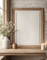 Close-up frame mockup in farmhouse interior, 3d rendering