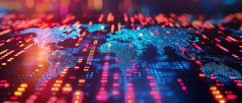 Close view of a world map with stock exchange locations highlighted, vibrant colors, detailed