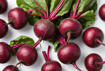 Fresh beet root on isolated white background , juicy and fresh, top view, Flat lay, no shadows